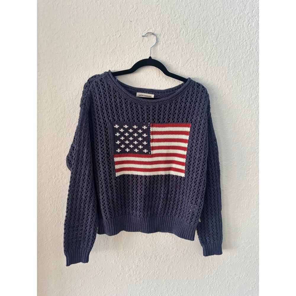 Lucky Brand Sweater Knit Crewneck American Flag 4th of July Medium $99 Navy - Picture 2 of 8